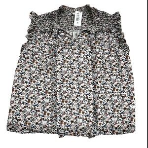 NWT Pleione Smocked Floral Blouse 🌸 Ruffle Flutter Sleeve V-Neck Size L